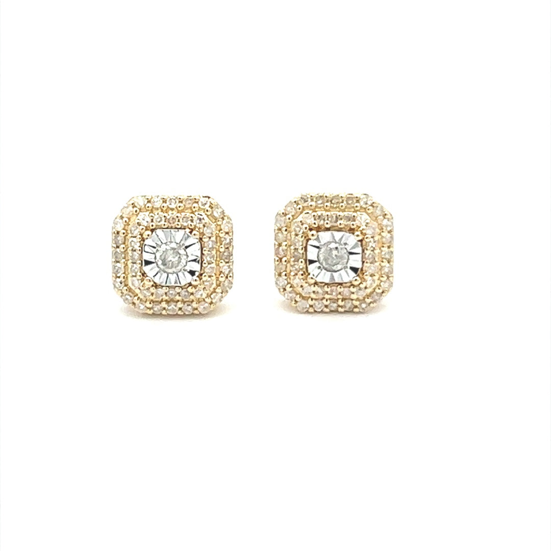 Diamond Square Stud Earrings In 14K Yellow Gold