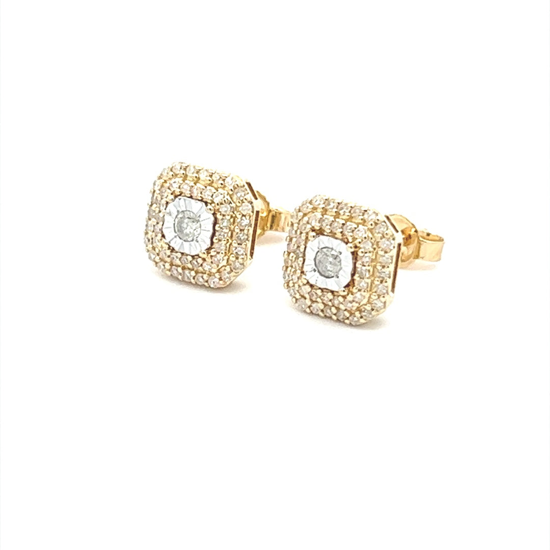 Diamond Square Stud Earrings In 14K Yellow Gold