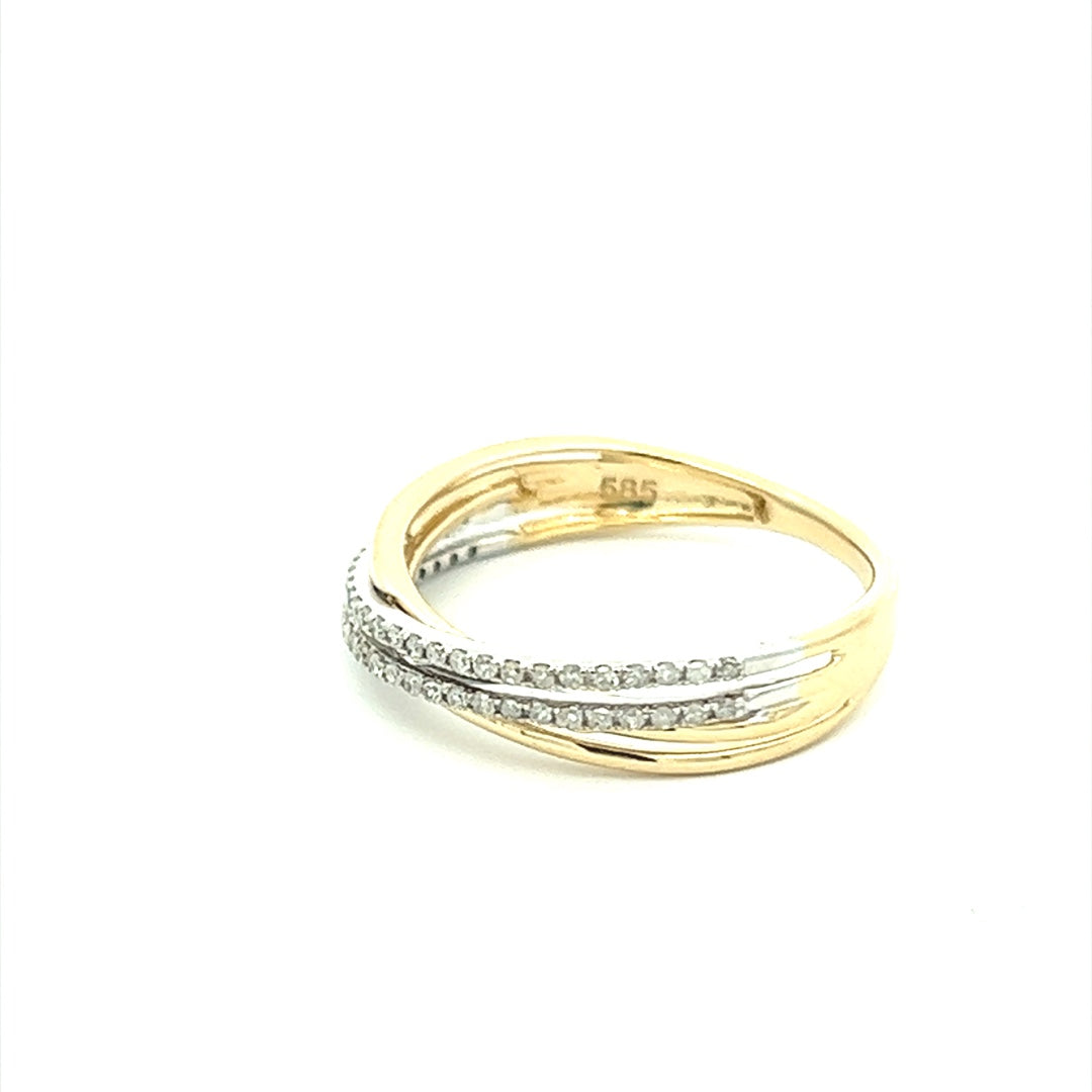 Two Tone Diamond Crossover Ring In 14K Yellow Gold