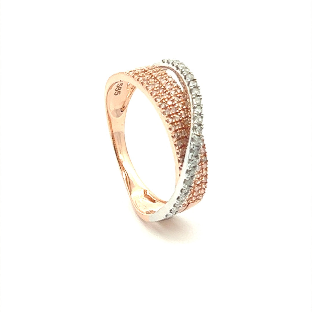 Two Tone Diamond Crossover Ring In 14K Pink Gold