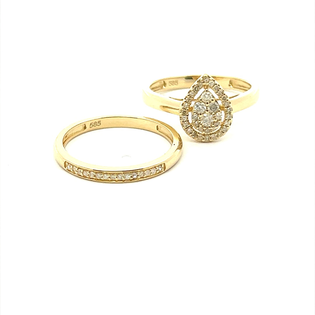 Set Of 2 Diamond Rings With Pear Halo In 14K Yellow Gold